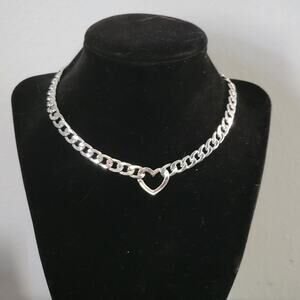 Stainless steel silver cuban chain choker necklace with heart